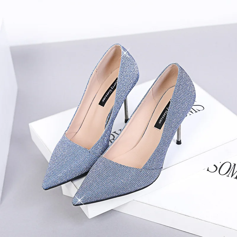 

2019 spring and summer Korean version of the wild sequins cloth pointed shallow mouth metal stiletto high heels women wedding sh