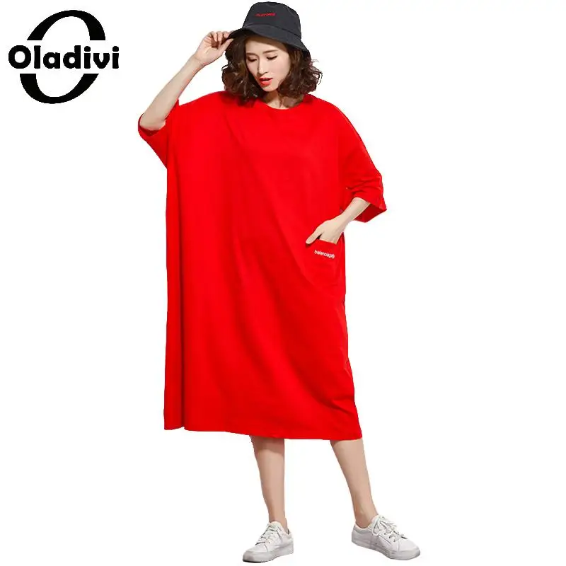 Oladivi/Брендовое женское платье больших размеров с короткими рукавами, хлопковое платье, Повседневная Свободная Женская одежда, платья-рубашки, женская блузка Vestidios