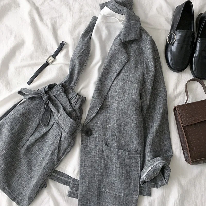 

2019 Spring summer Women two piece set Casual tops + shorts plus size plaid Top Female Office Suit Set Women's 2 Piece Set