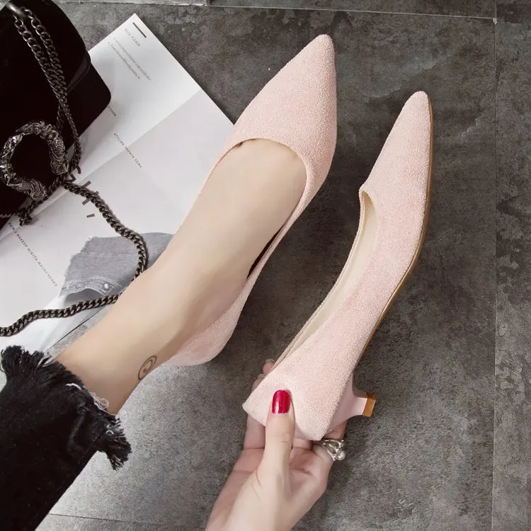 

New fashion wild shallow mouth women's high heels pointed suede black low heel shoes sexy comfortable work shoes