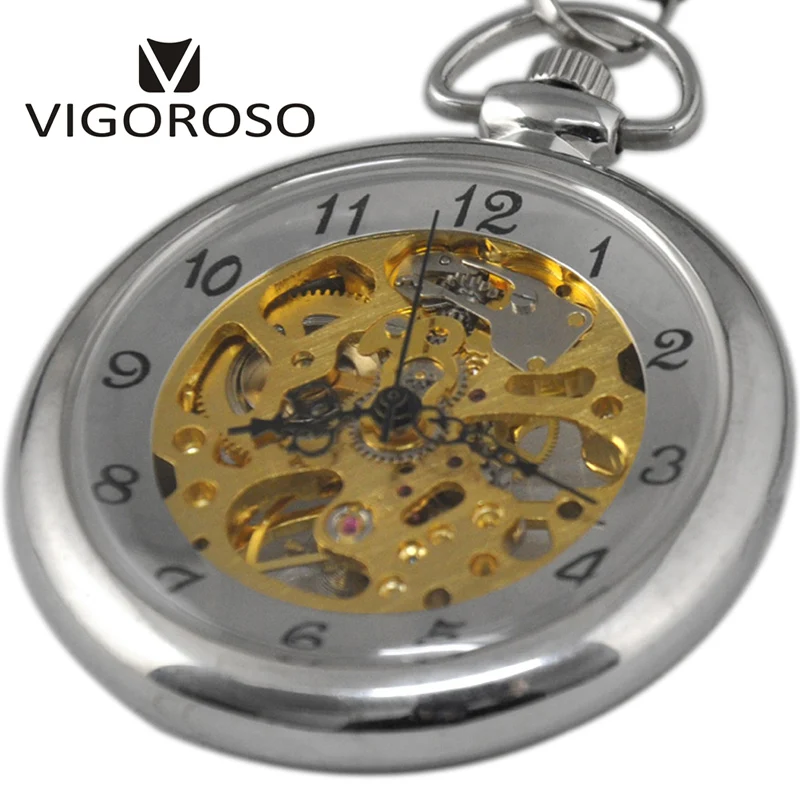 

Stainless Steel Mechanical Pocket Watch Transparent Open Face Silver Steampunk Wind up Watch FOB Chain Clock Gift VIGOROSO Brand