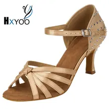 Hxyoo Satin Rhinestone Бальные Обувь для танцев Для женщин сальса обувь латинский Танго Черный Шампанское коричневый мягкая подошва WK031