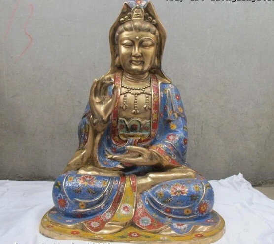 

004600 Tibet Buddhism 100% Pure Bronze cloisonne Bodhisattva Kwan-Yin Buddha Statue
