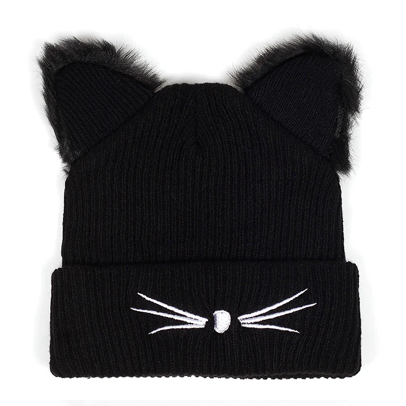 new Women Winter Harajuku Woolen Knitting Beanie Devil Horns Black Cat Ear Crochet Braided Knitted Fur Cap Cute Girls Hat