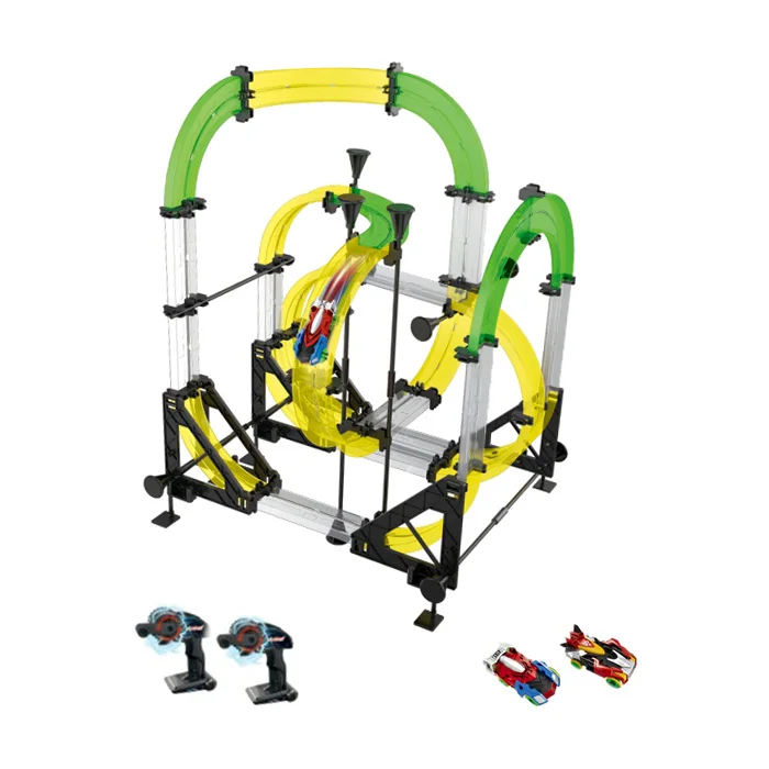 

DIY Dual Track Models and 2 RC Cars 3D Competition Infrared 2 RC Cars with 2 Hand Cranks Mini Racing Set 65pcs Track