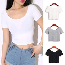 Camiseta de manga corta con cuello redondo para mujer, Tops cortos sexys para mujer, Camisetas básicas simples elásticas de Color sólido, camisetas negras, blancas y grises 2020
