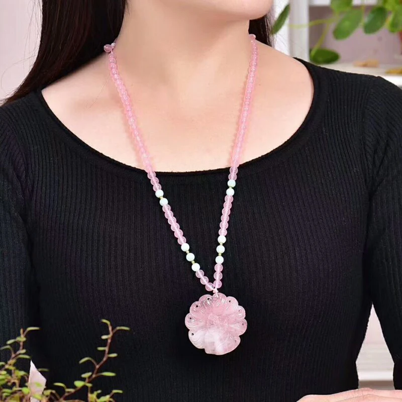 

Pink Natural Crystal Necklace Hand Carved Nine Tail Fox Pendant Beads Sweater Chain Necklace Lucky for Women Help Wealth Jewelry