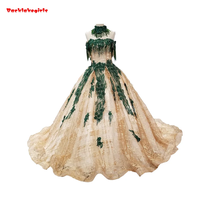 

Backlakegirls Vintage Ball Gowns Wedding Dress Newest Design Green Beaded Applique Gold Off Shoulder Embroidery 2018 Bridal Gown