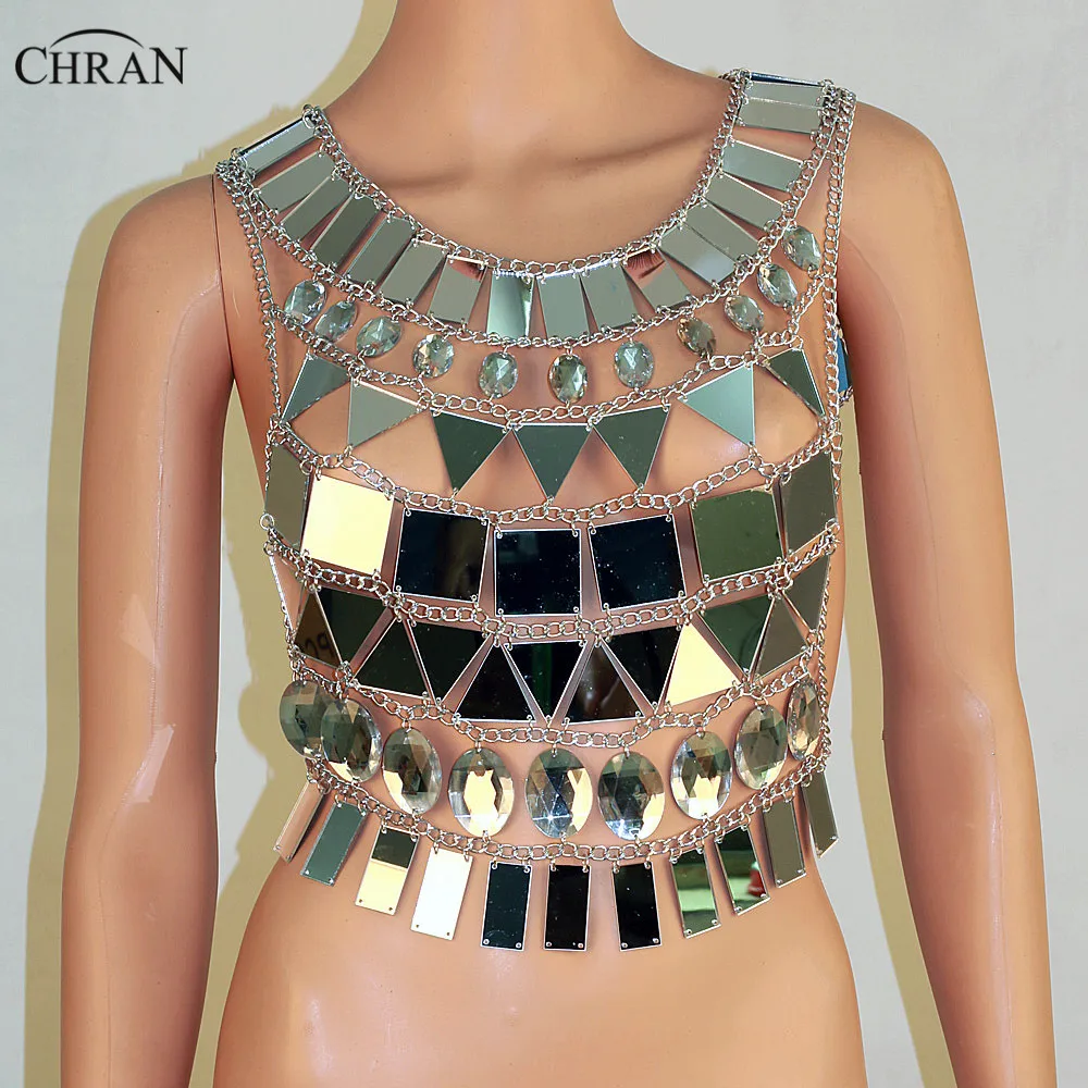 Chran Silver Tone Mirror Perspex Crop Top Chainmail Bra Halter Necklace