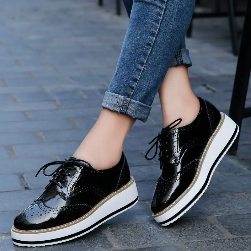 Slyxsh Spring Women Platform Shoes Woman Brogue Patent Leather Flats Lace Up Footwear Female