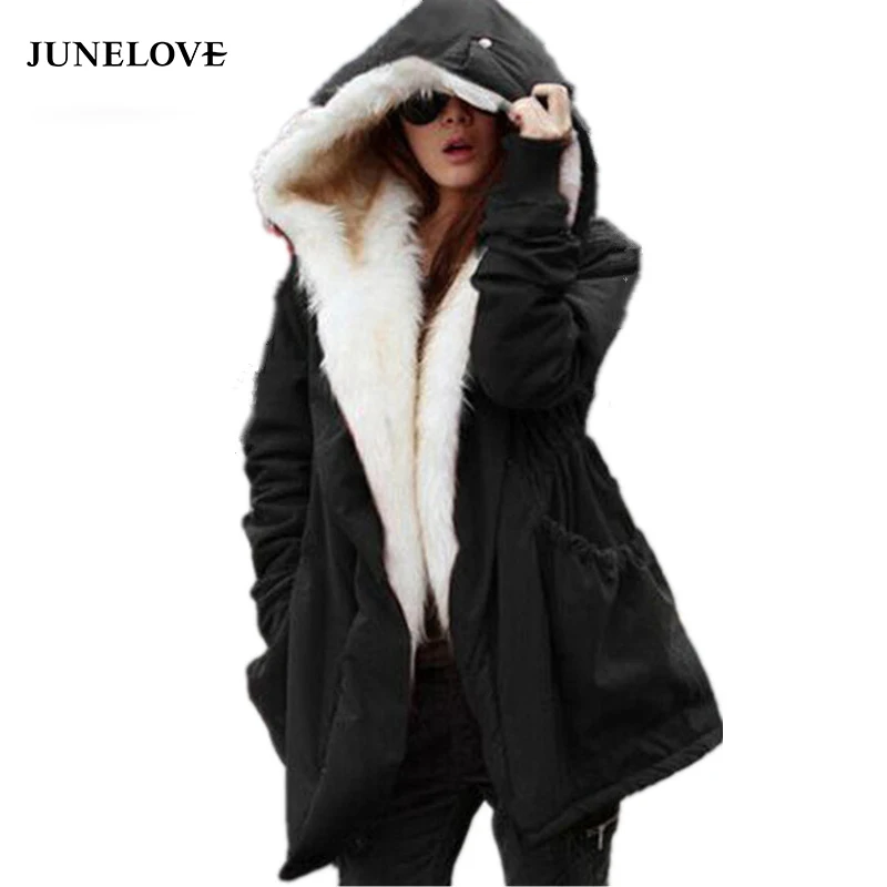 

JuneLove Solid color fur coat cotton padded hooded jacket winter warm coat women casual parka arm female winter jacket