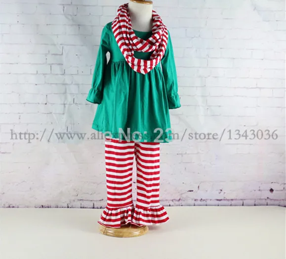 E-babe/, осенне-зимние комплекты с полосатым гофрированным платьем для маленьких девочек на Рождество шарф+ топ+ штаны, комплекты детской одежды - Цвет: 12