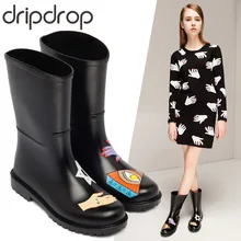 DRIPDROP Резиновые сапоги из ПВХ Водонепроницаемые Женские ботинки до середины икры с Аппликациями Кошек и Рыб Космического корабля Мистических элементов
