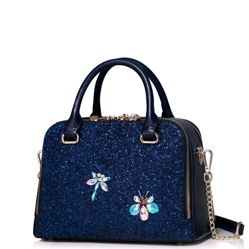 Women Shining Sequined Double Top Handle Handbag Shoulder Chain Strap