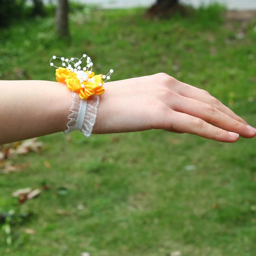 8 шт./лот, жемчужный корсаж на запястье, цветок из шелковой ленты, браслет для подружек невесты, искусственные цветы, свадебные аксессуары SW0679