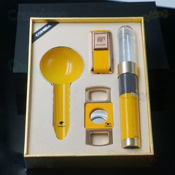 

COHIBA Yellow Alloy Cigar Lighter Cutter Ashtray Tube With Humidifier Set
