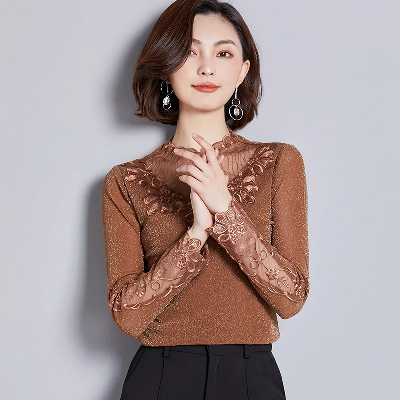 Новинка 2019 модная кружевная блузка с вышивкой женские рубашки облегающая