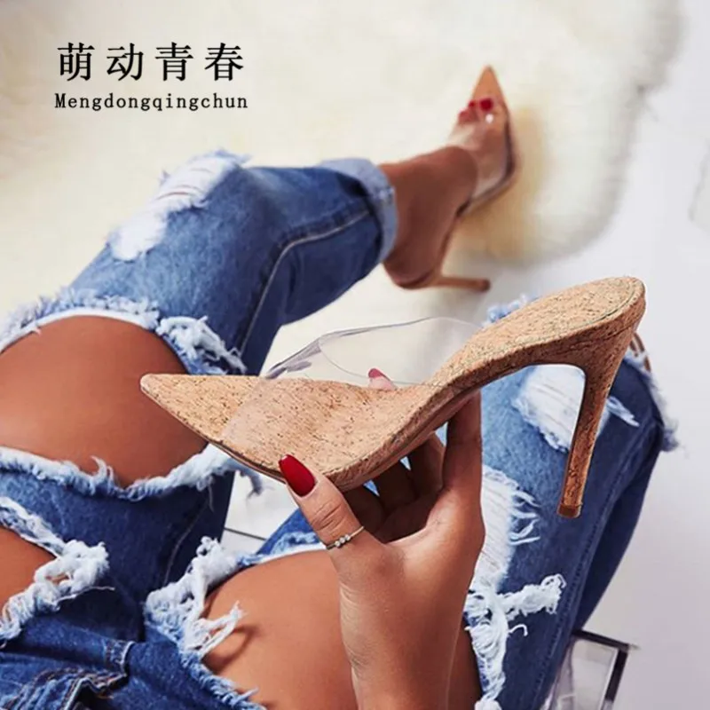 

New Europe Women Slippers Fashion Pointed Toe Thin Heels Sandals Sexy Clear Transparents Summer Slides Flip Flop Female Slippers