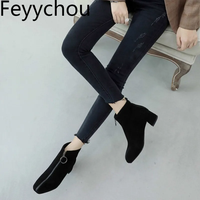 

Women Boots Autumn Winter Med Heel Warm Flock Zip Round Toe Ankle Basic Chelsea Shoes 2018 New Sexy Fashion Black Brown Pink
