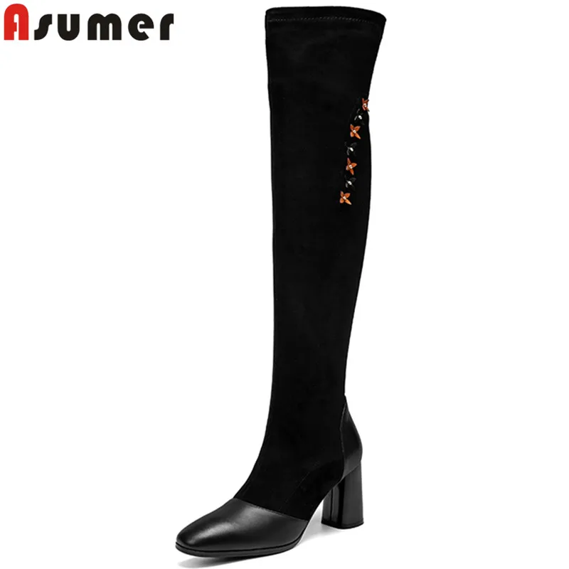 

ASUMER 2019 fashion over the knee boots women square toe stretch fabric+cow leather boots high heels autumn winter boots