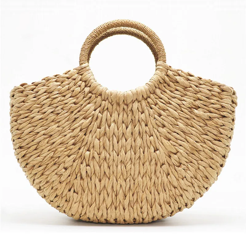 

2019 New Summer Handmade Bags Women Pompon Beach Weaving Ladies Paper Straw Bag Moon shaped Bag Beach Woven Bag