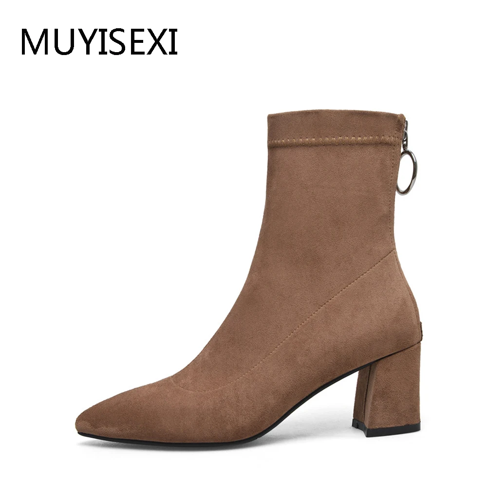 

Ankle Boots Zipper Pointed Toe Winter Women Boots 6 cm High Heel Autumn Boots For Women High Quality Elastic Flock JD02 MUYISEXI