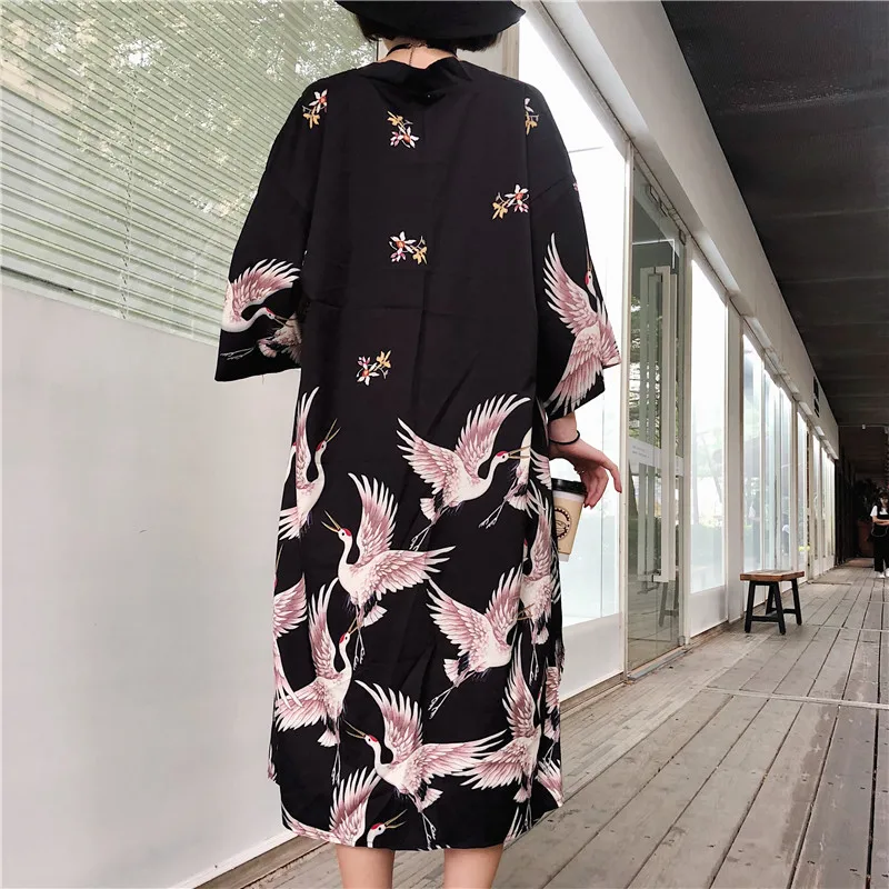 Woherb, Летнее Длинное кимоно для женщин,, японский стиль, блузка с принтом Журавля, птица, Женская винтажная рубашка, кардиган, Blusas Femininas 20862