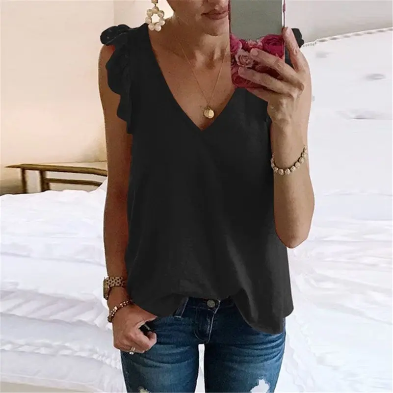 

Womens Tank Tops Blouses Sexy Ladies Deep-V Chiffon Sleeveless Solid Blouses Pullover Tops Shirts camisa feminina streetwear BB5