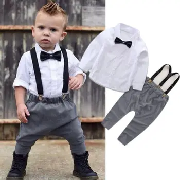 

2019 Newborn Infant Baby Boys Gentleman Clothes Set Bow Tie Long Sleeve Shirt Tops+Bib Pants Overalls 2pcs Cotton Outfit 0-24M