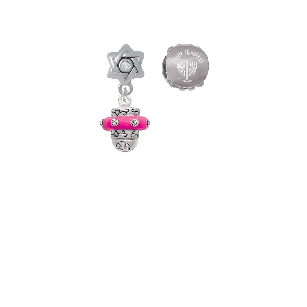 Silvertone Crystal Hot Pink Spinner Happy Hanukkah Charm Beads (Set of 2)