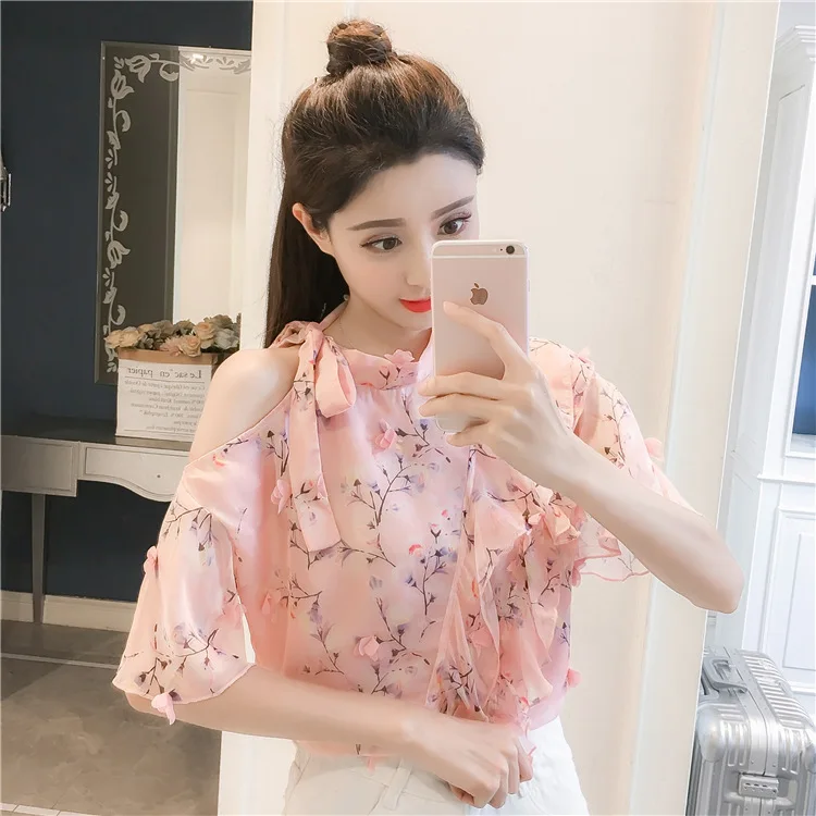 2020 Summer New Arrival Chiffon Blouse Loose Off Lotus Leaf Edge Ruffles Floral With Bow Free Shipping | Женская одежда