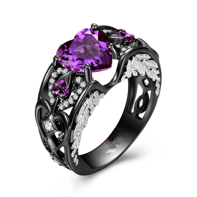 Angel Wings Ring Black Gold Llene 925 Silver Heart Aaaaa Cz Angel Wings Ring Black Gold Llene 925 Silver Heart Aaaaa Cz