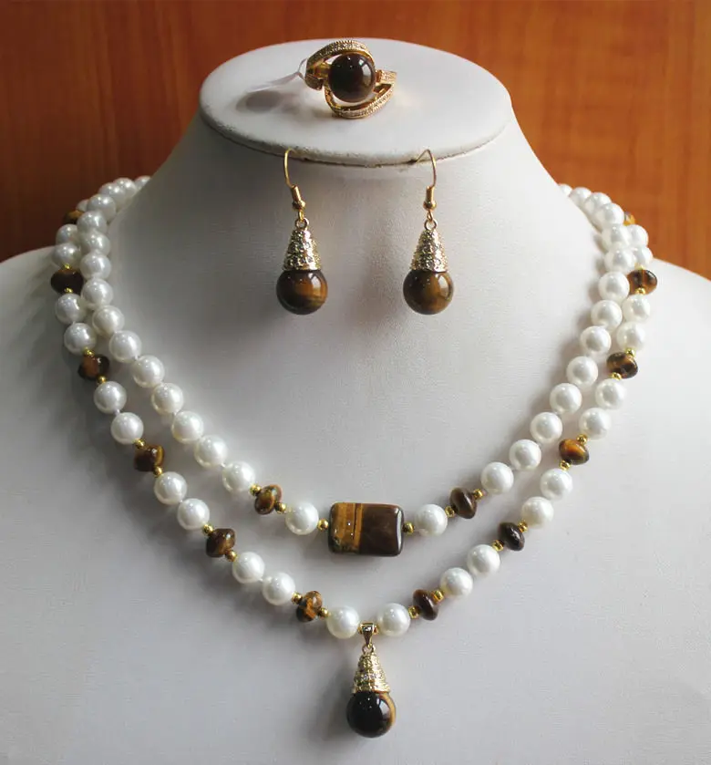 

shippingNew Design8mm2Row White Pearl&Tiger Eyes Stone Necklace Earring Ring Jewelry Set hot