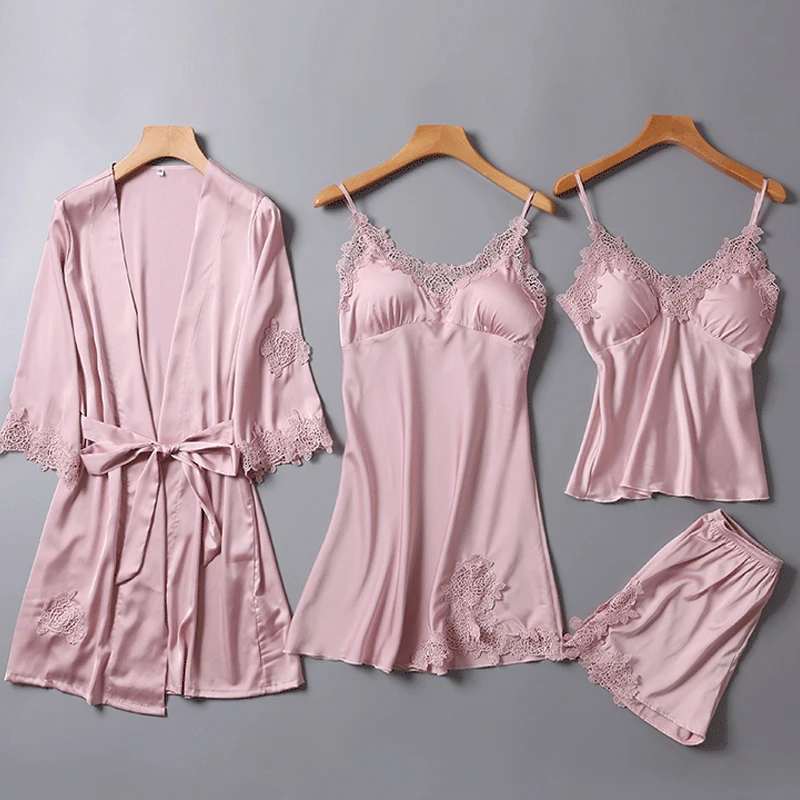 

Women Pajamas Satin Sleepwear with Chest Pads Sexy Lace Silk Sleep Lounge 4 Pieces Female Pajamas Sets Elegant Home Clothing