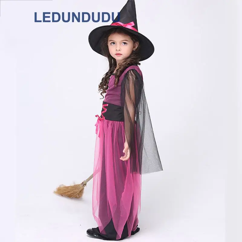 Children Halloween Fancy Party Suit Girls Magic Witch Dress Kids Rose Witch Cosplay Costume with Hat  (15)