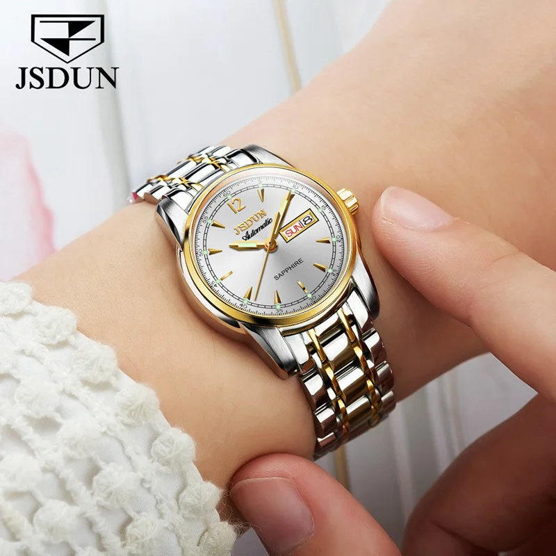 JSDUN женские часы автоматические механические часы женские водонепроницаемые часы люксовый бренд часы светящиеся стрелки Дата Неделя Мода Новинка - Цвет: Gold white