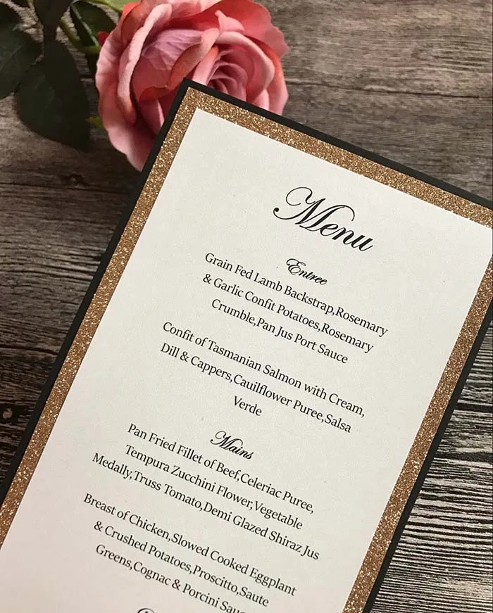 

ME07 Handmade Champagne Gold Glittering Wedding Menu Cards