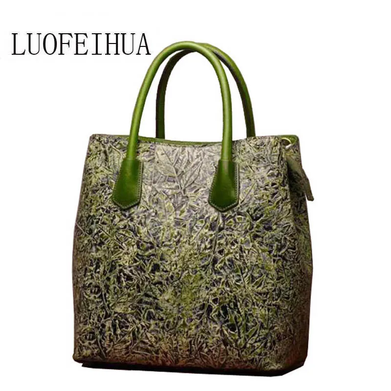 

LUOFEIHUA Genuine Leather women bags for women 2019 new retro ethnic style embossed hand bag Designer bag female