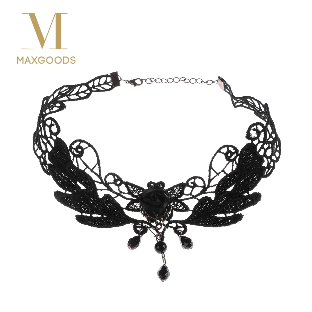 

1PCNice Women's Style Black Fabric Rose Flower Beads Pendant Choker Lace Necklace Gothic Jewelry False Collar Statement Necklace