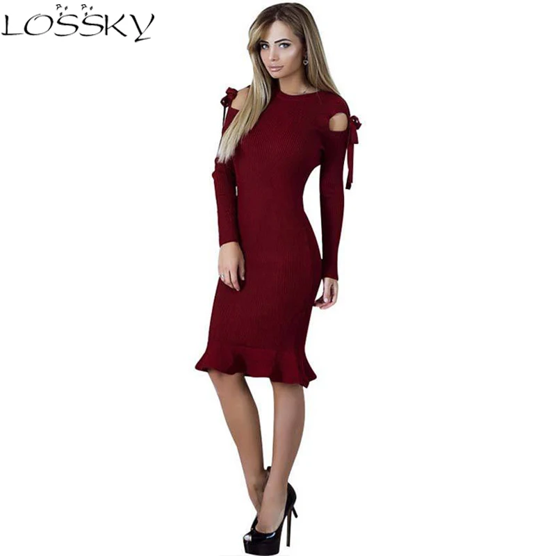 2018 Spring Vintage Women Work Dress Long Sleeve Solid Mermaid Dresses