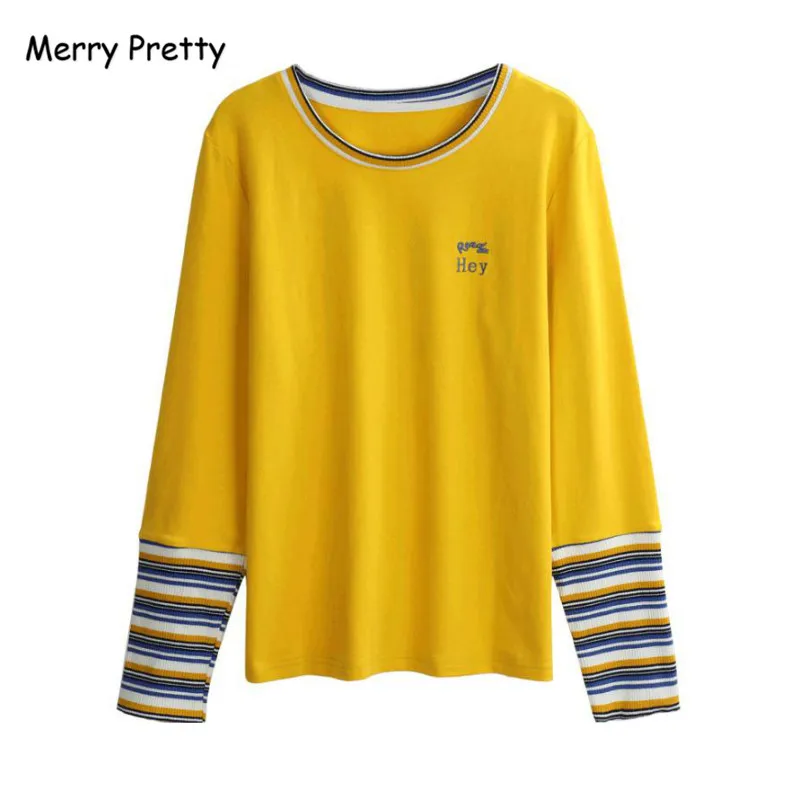 

Merry Pretty 2019 autumn long sleeve tshirt women striped patchwork sleeve yellow cotton tee top leetr embroidery t-shirt female