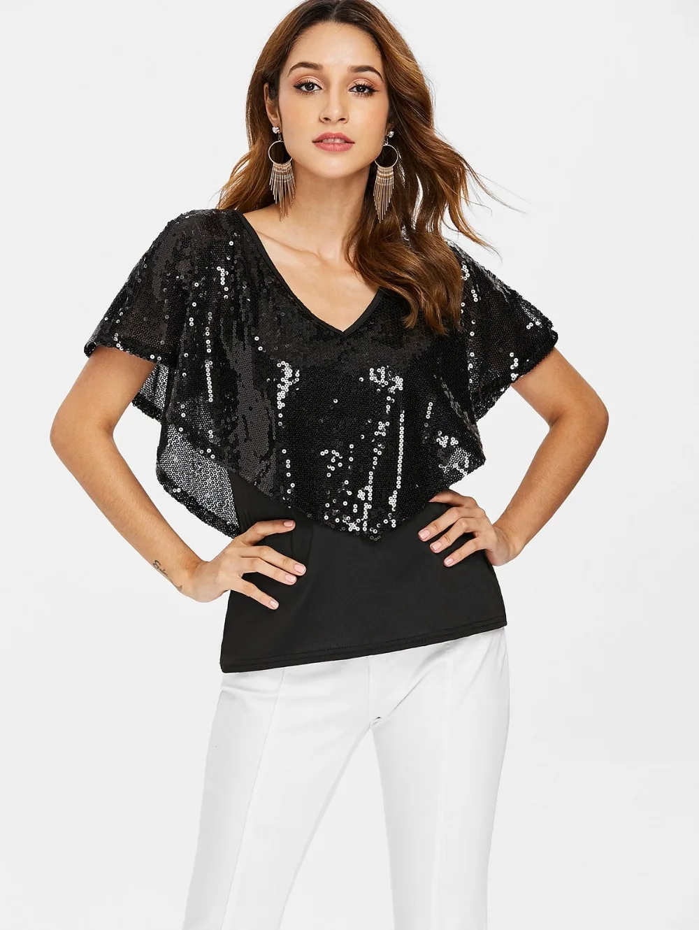 Sexy Women Plunging Neck Sequin T-shirt Summer Batwing Sleeve Solid Short Shirt Female Casual Deep V-neck Loose Tee Tops | Женская