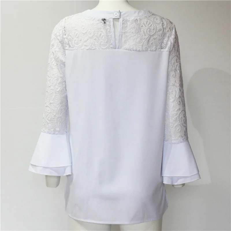 Для женщин блузки лето белый кружевной шифоновый Повседневная Блузка Блузки с оборками мода Сорочка Роковой рубашки Blusas Feminina