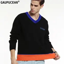 Gaupucean чистого 100% шерсти высокое качество роскошные человек Вышивка Толстая с длинным рукавом v-образным вырезом теплый пуловер зимние Для