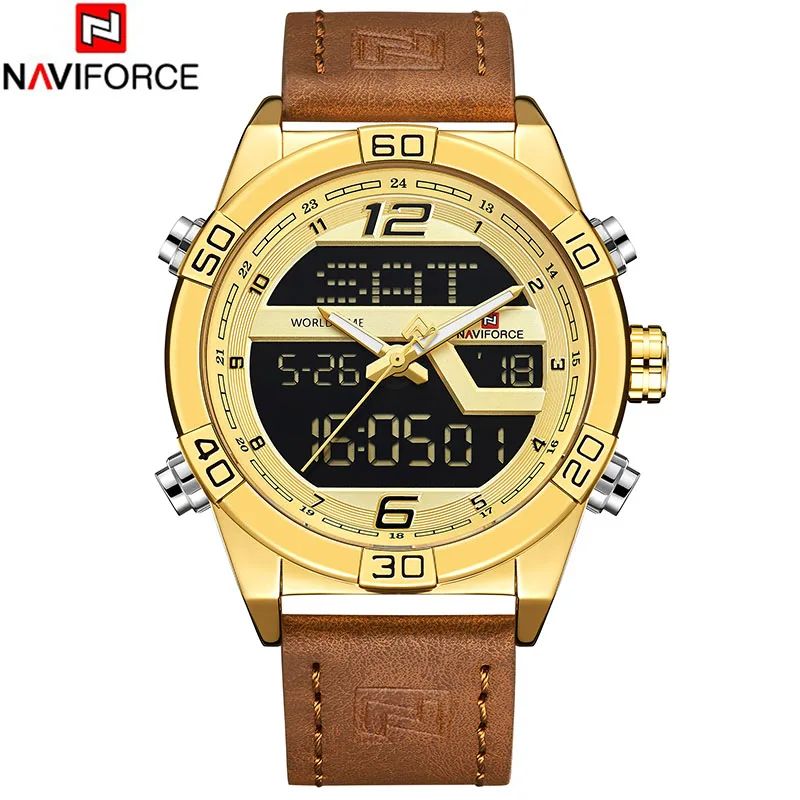 NAVIFORCE мужские наручные часы Цифровой Хронограф военные мужские часы роскошные кожаные повседневные кварцевые часы мужские часы цифровой светодиодный - Цвет: Brown Gold Gold