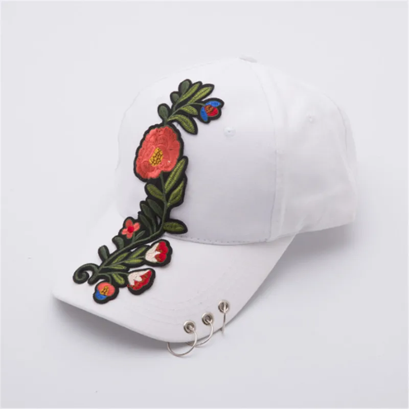 Unisex Women Baseball Cap Flower Rhinestone Embroidery Iron Ring Snapback Hat