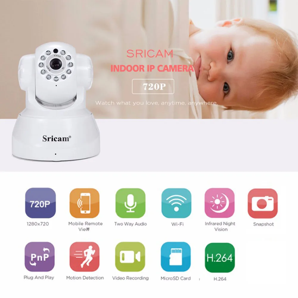 

New Arrival Sricam SP012 IP Camera WIFI 720P Home Security P2P ONVIF Remote 1.0MP Wireless Video Surveillance Camera 2-way audio