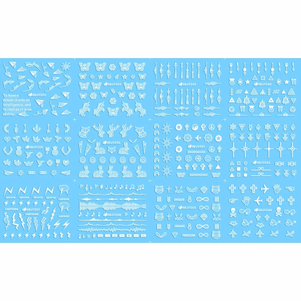 

12 PCS / LOT SELF-ADHESIVE 3D NAIL TATTOOS STICKER WHITE BLACK GOLD SILVER GEOMETRY ANIMAL TRIBE SIGNS ARROW HBJY253-264
