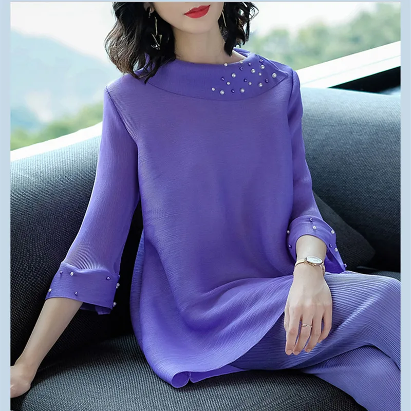 

Pleated Spring New 2019 Women Elegant 2 Two Pieces Sets Large Size Flare Sleeve Beading Tops and Mid-calf Pant Set Suits