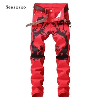

Hot Sale Paris Designed Men Floral Slim Red Jeans Print Graffiti Black Pant Personal Man Casual Club Street Amazing Jean